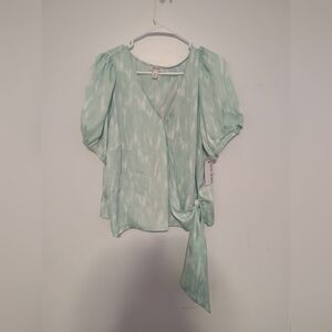 Nine West Womens XXL Mint Green Watercolor Pattern Puff Sleeve Wrap Blouse